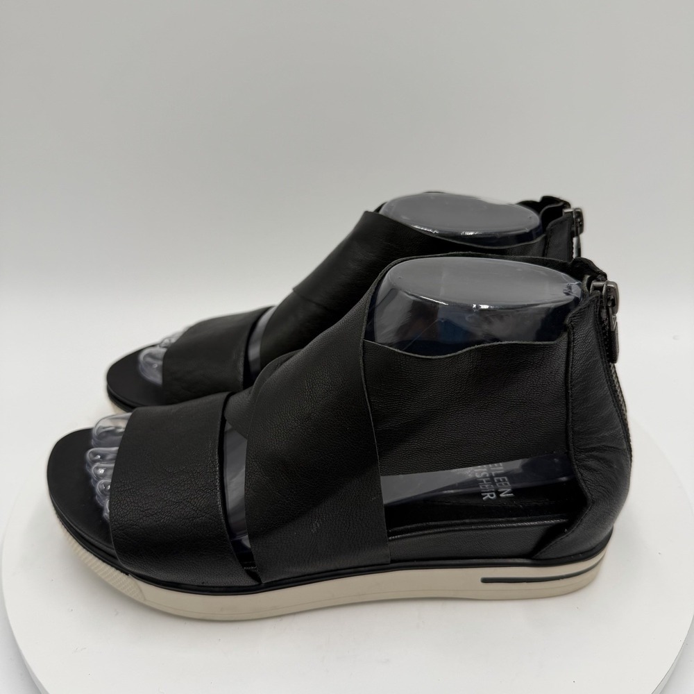 EILEEN FISHER Sport Black Leather Zip Heel Platform Open Toe Sandals Women's 7.5